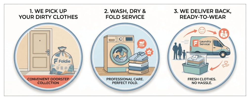 How Foldie works: pickup, wash and fold, ready to wear delivery